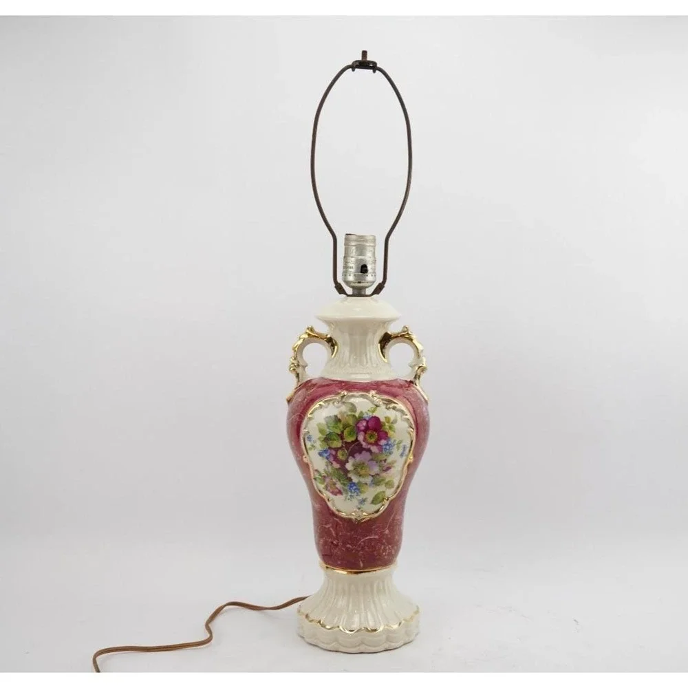 Vintage Early 1950's ‎ Handled Ceramic Shabby Chic Floral Lamp Red & White